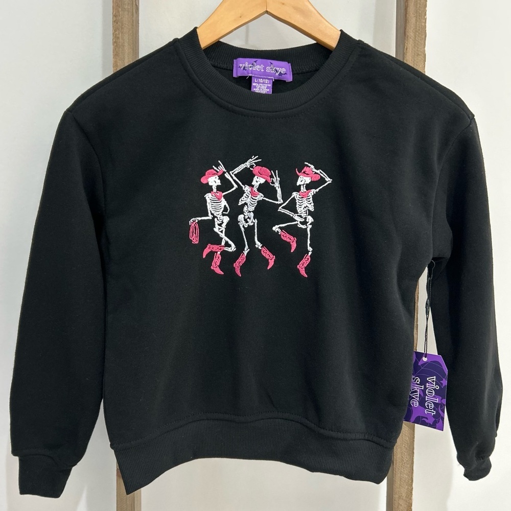 Violet Sky Black Sweatshirt Dancing Cowboy Skeletons Halloween Girls L 10/12 NWT